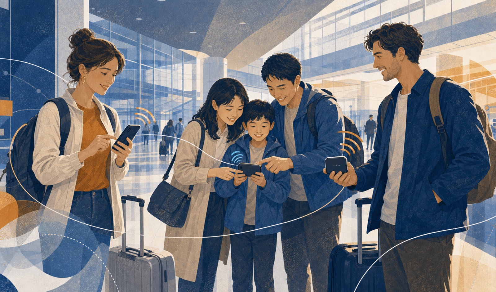 Travelers comparing eSIM, pocket WiFi, and a travel router at a Japanese airport