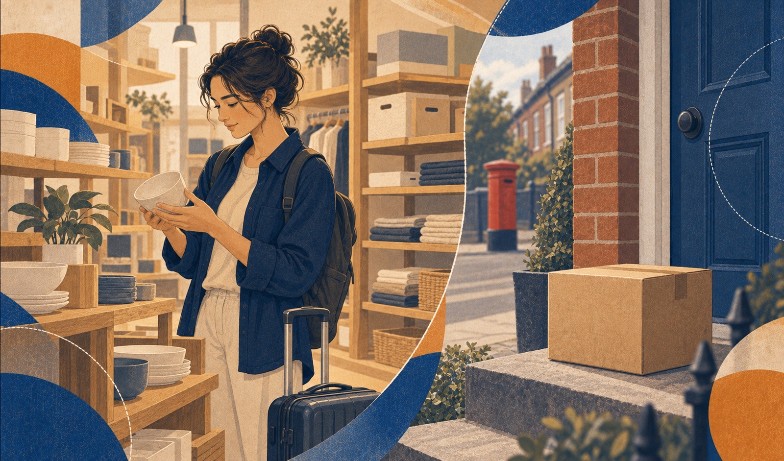 A traveler examining a plain ceramic bowl in a minimalist Japanese lifestyle store, beside a scene of a plain cardboard parcel delivered to a UK townhouse doorstep